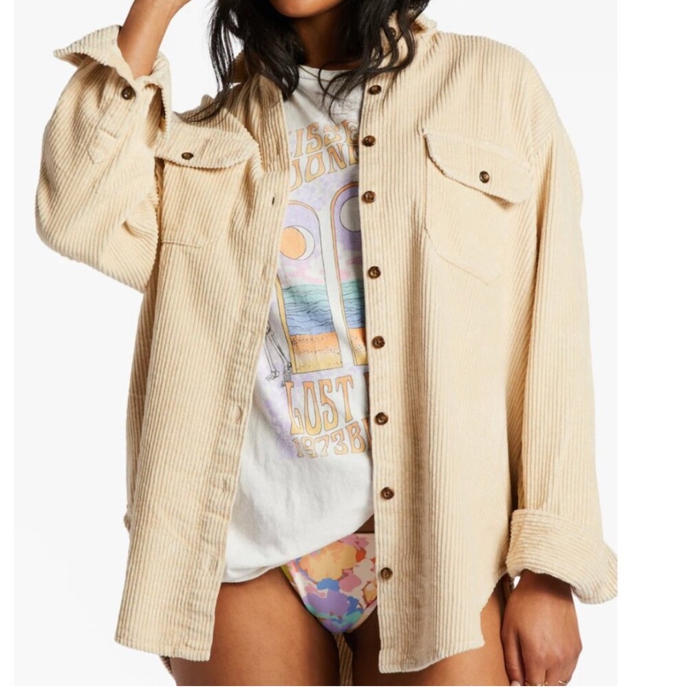 Billabong So Stoked Corduroy Shacket Shirt Cream Coastal Indie Boho Size S NWT